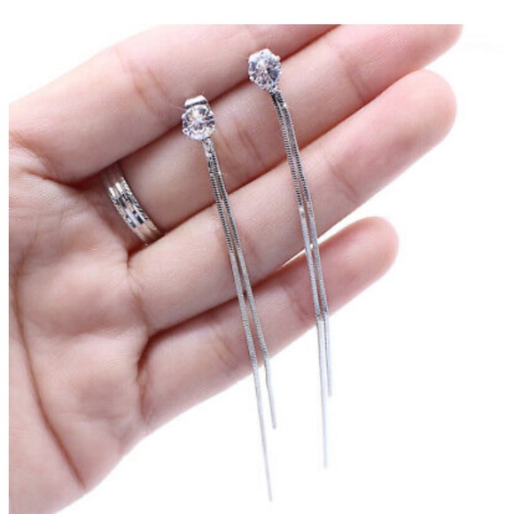 New Long Drop Earrings 925 Silver White Sapphire - Picture 2 of 4